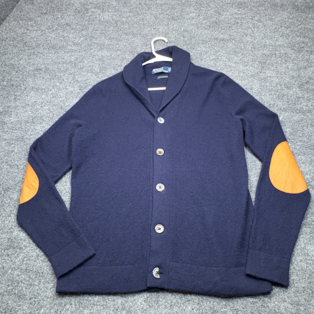 Polo Ralph Lauren Shawl Cardigan Sweater Mens Medium Blue 100% Cashmere Leather
